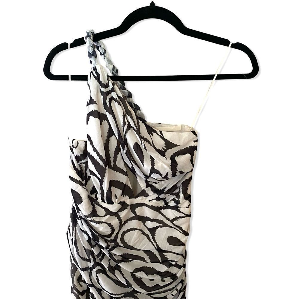 Nicholas Drue Draped Asymmetrical Midi Dress black white print braid Revolve 12 - Picture 8 of 14
